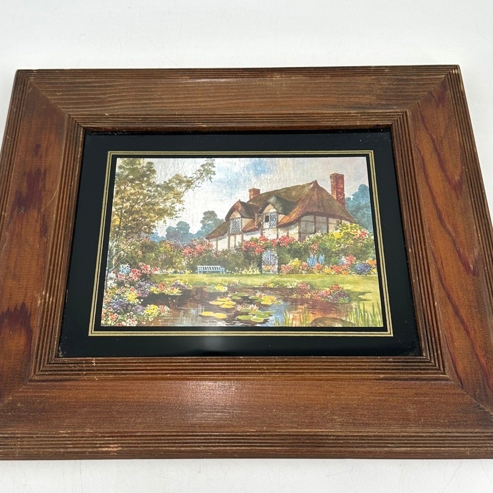 Vintage Ryan Creations Framed Art Foil Cottage Garden Landscape Wood Frame 9037